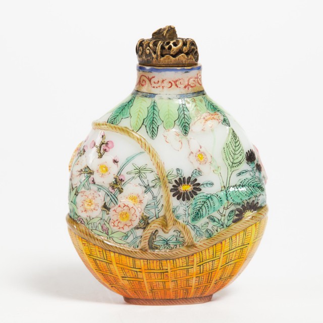 A Famille Rose Enamelled White Glass 'Flower Basket' Snuff Bottle, Guyue Xuan Mark, Qianlong Period, Circa 1775-1795