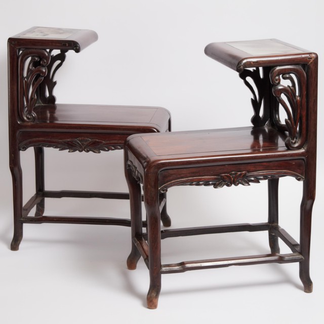 A Pair of Marble-Inset Suanzhi Rosewood Two-Tier Stands, Qing Dynasty