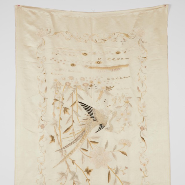 A Chinese Embroidered Silk Sleeve Band, Together With a White Silk 'Birds' Panel, 19th/20th Century