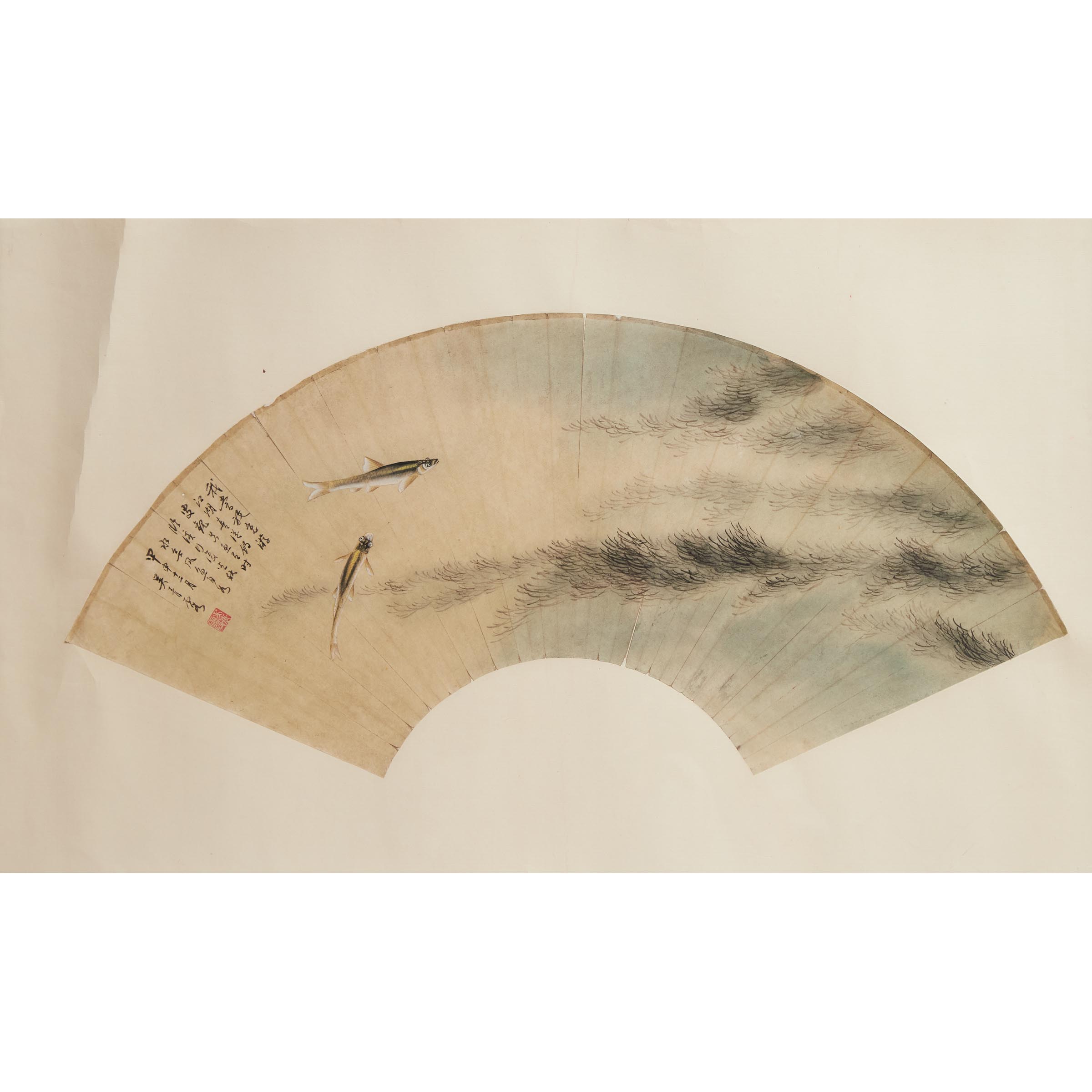 Wu Qingxia (1910-2008), Fan Painting of Two Carp, Dated 1944