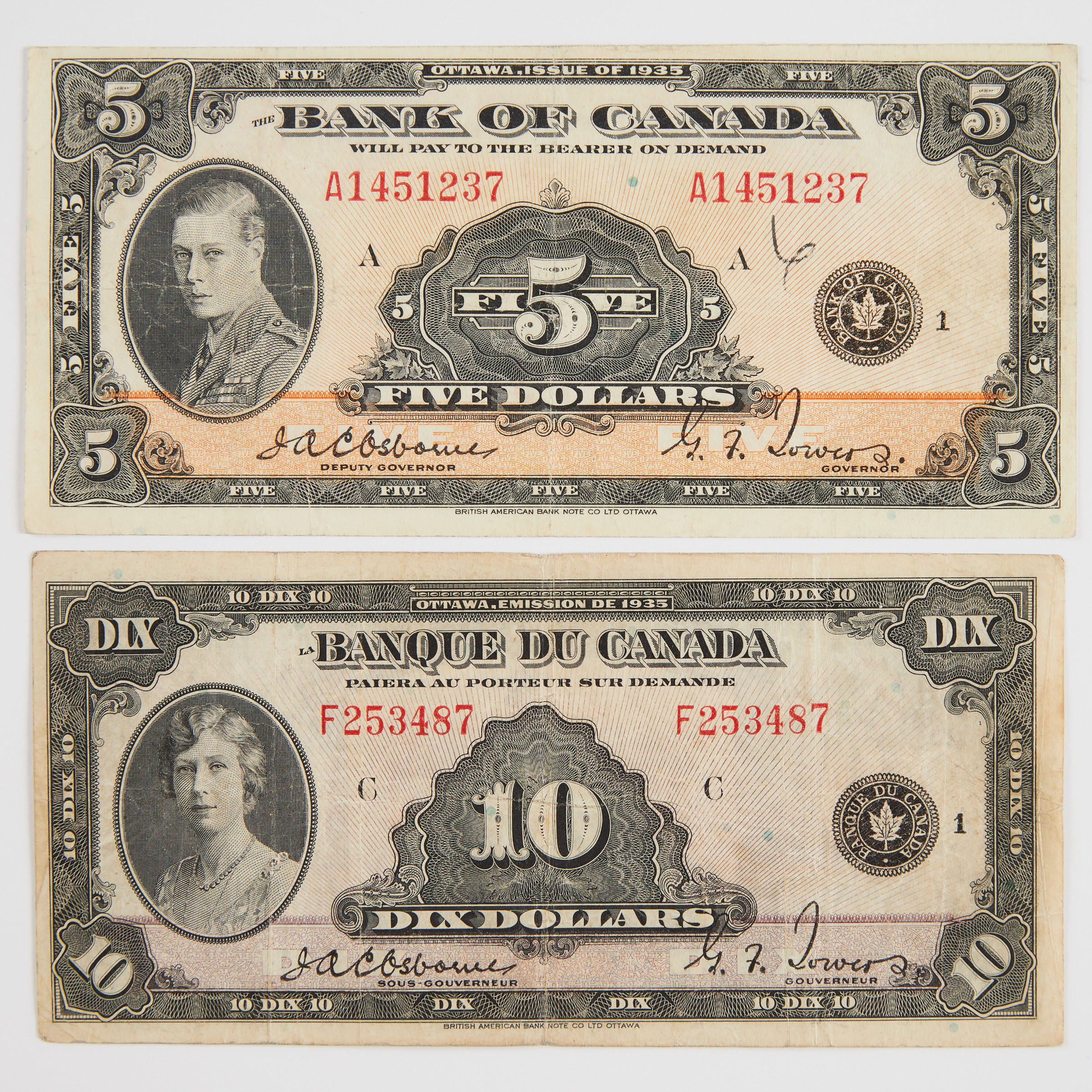 Bank Of Canada 1935 $5 And $10 Bank Notes