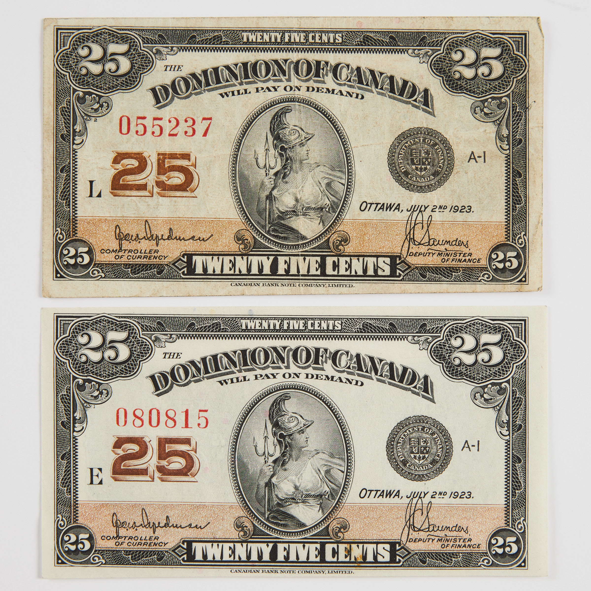 Two Dominion Of Canada 1923 25 Cent Bank Notes (Shinplasters)
