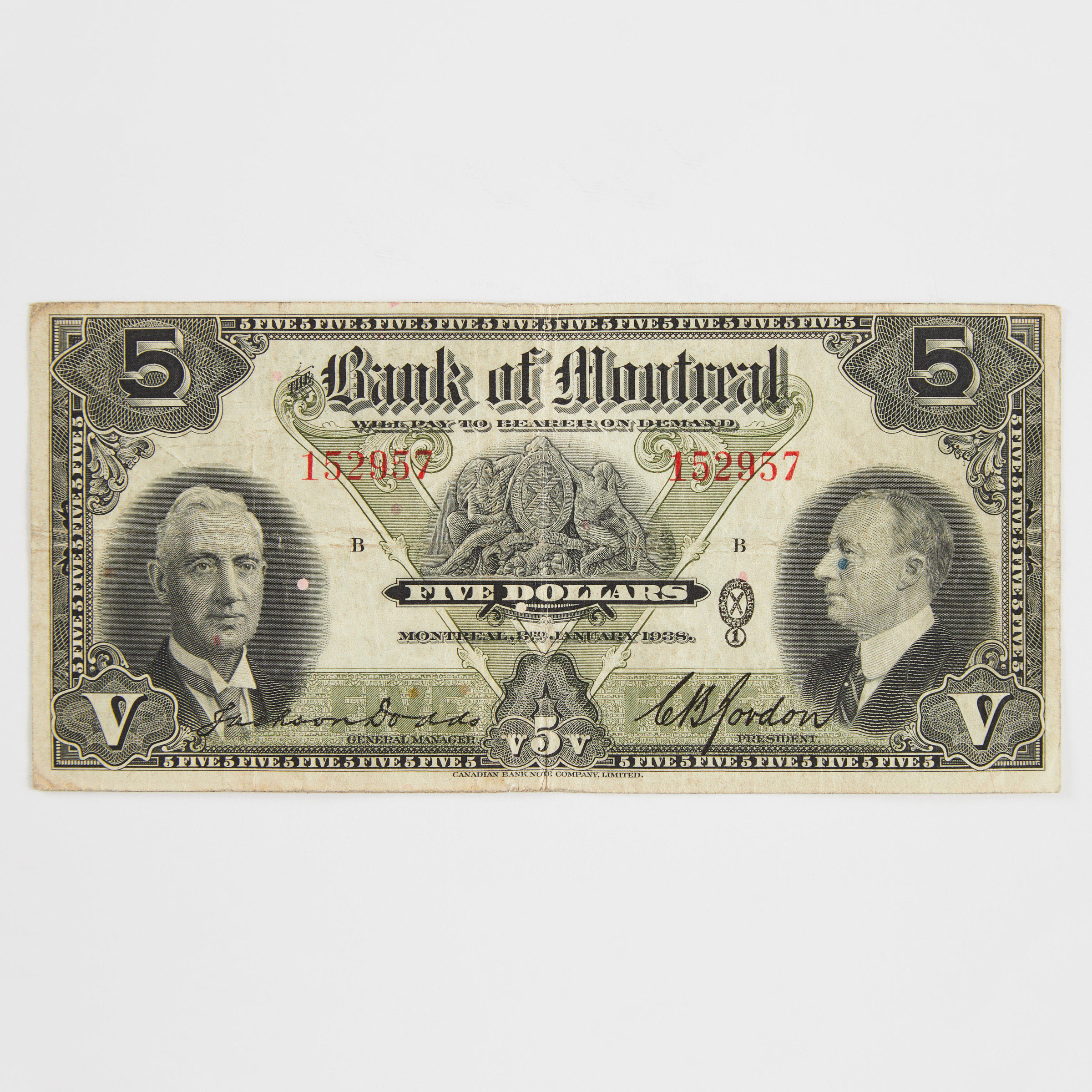Bank Of Montreal 1938 $5 Bank Note