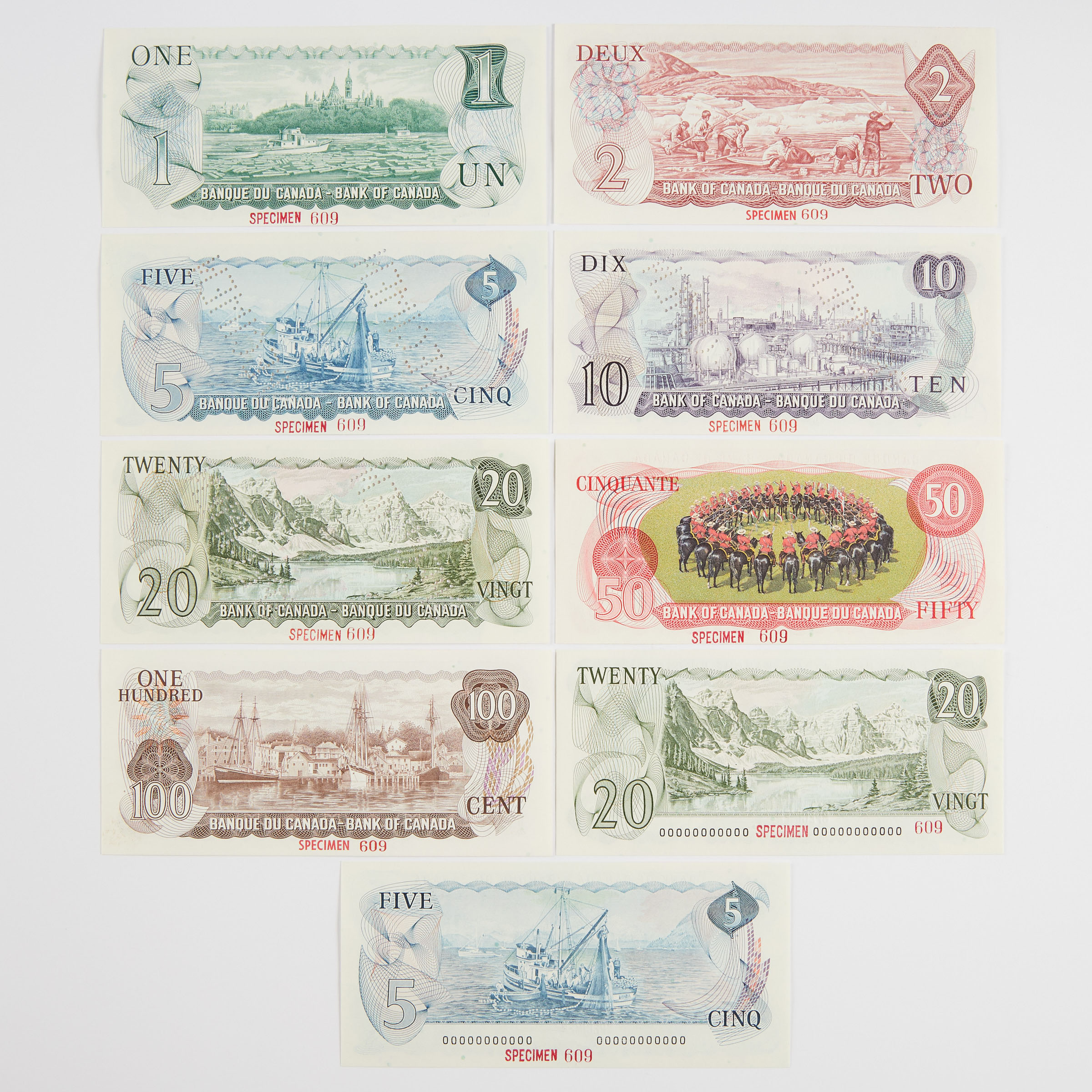 Set Of Nine 1969-1979 Multicolour Issue Bank Of Canada Specimen Notes