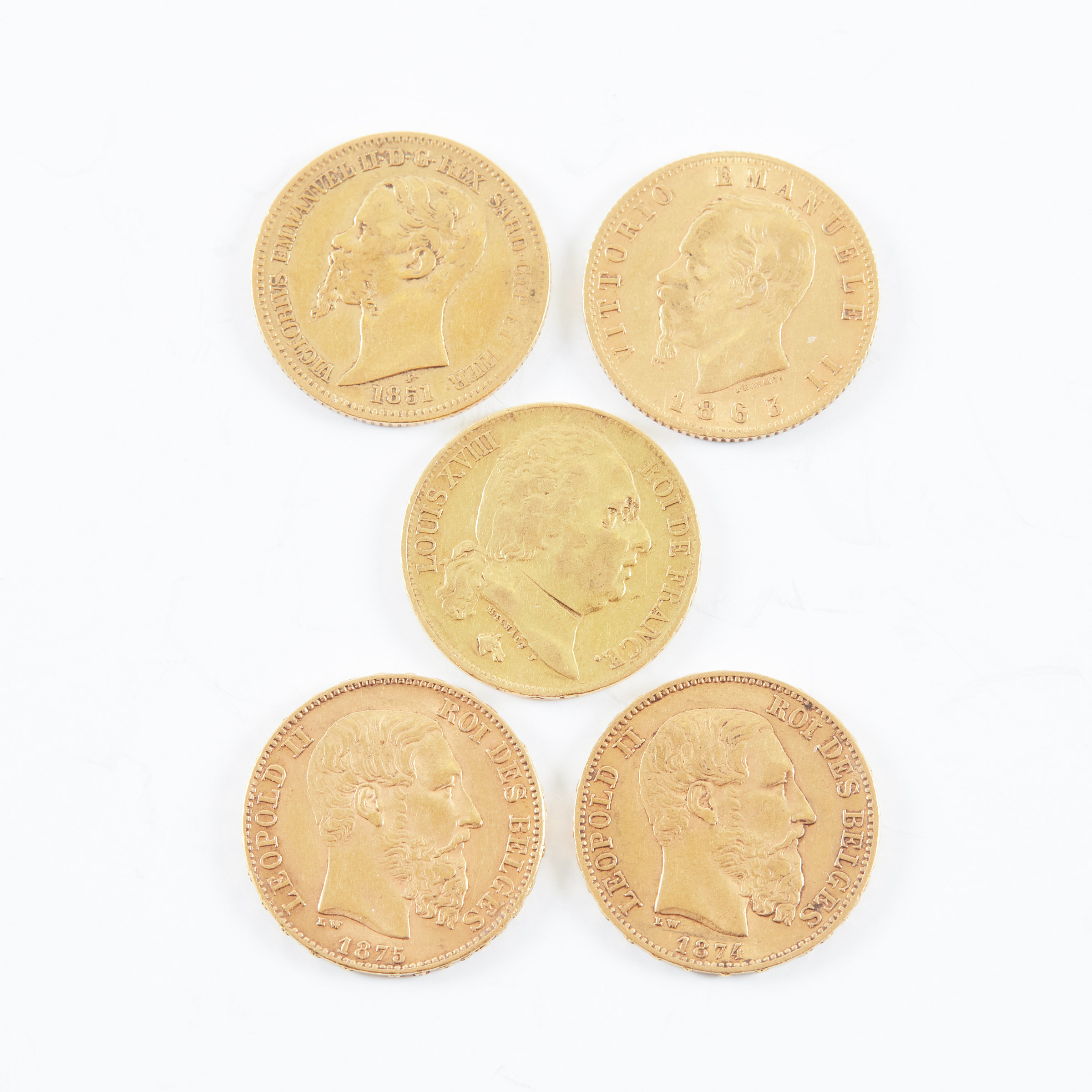 5 Nineteenth Century 20 Franc Gold Coins