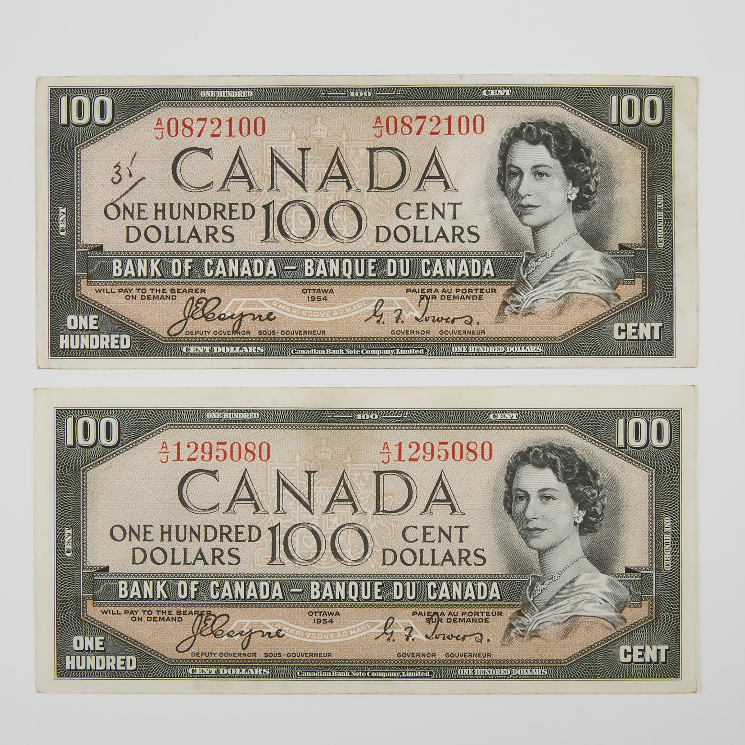 2 x Bank Of Canada 1954 $100 'Devil's Face' Banknotes