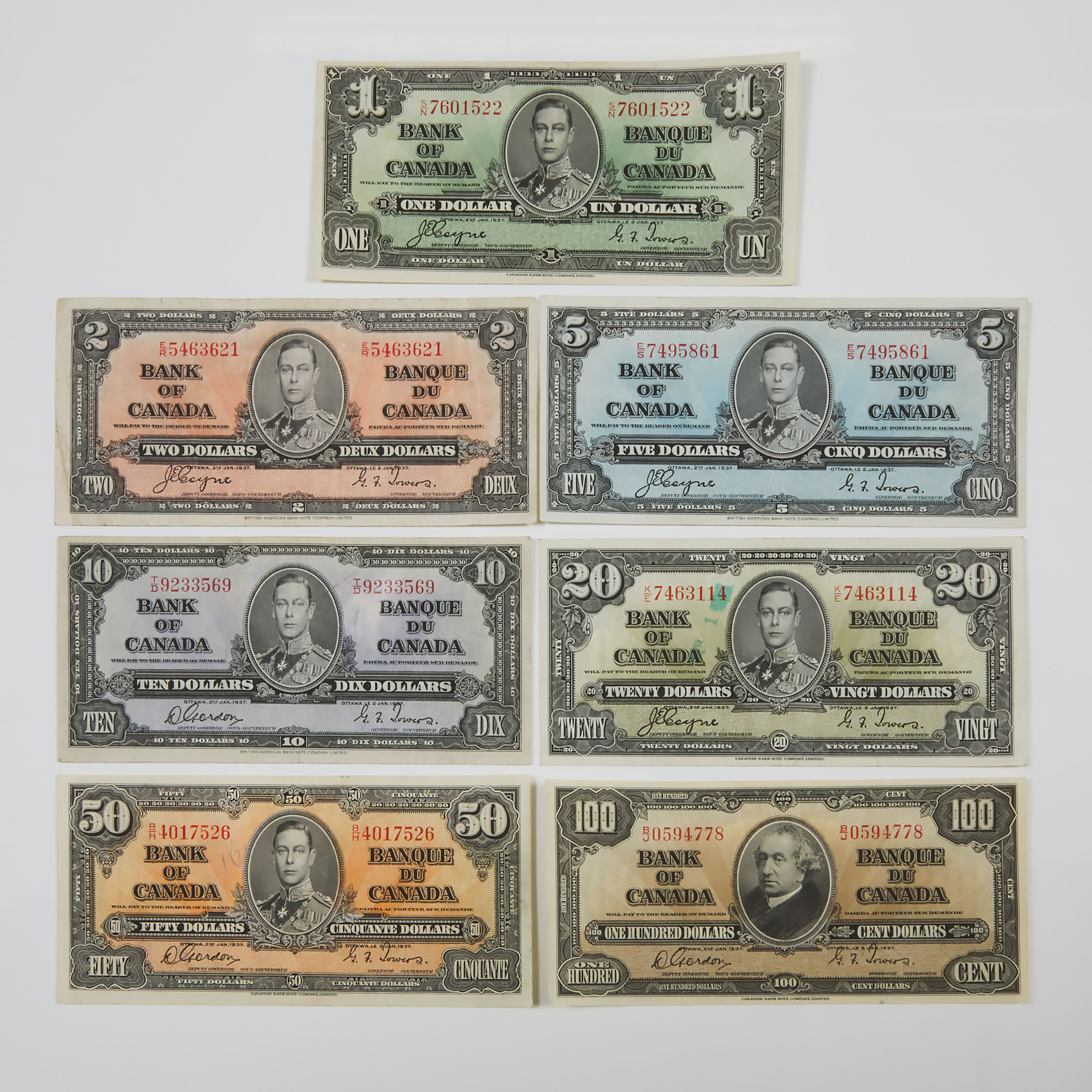 Set Of 7 Bank Of Canada 1937 Banknotes