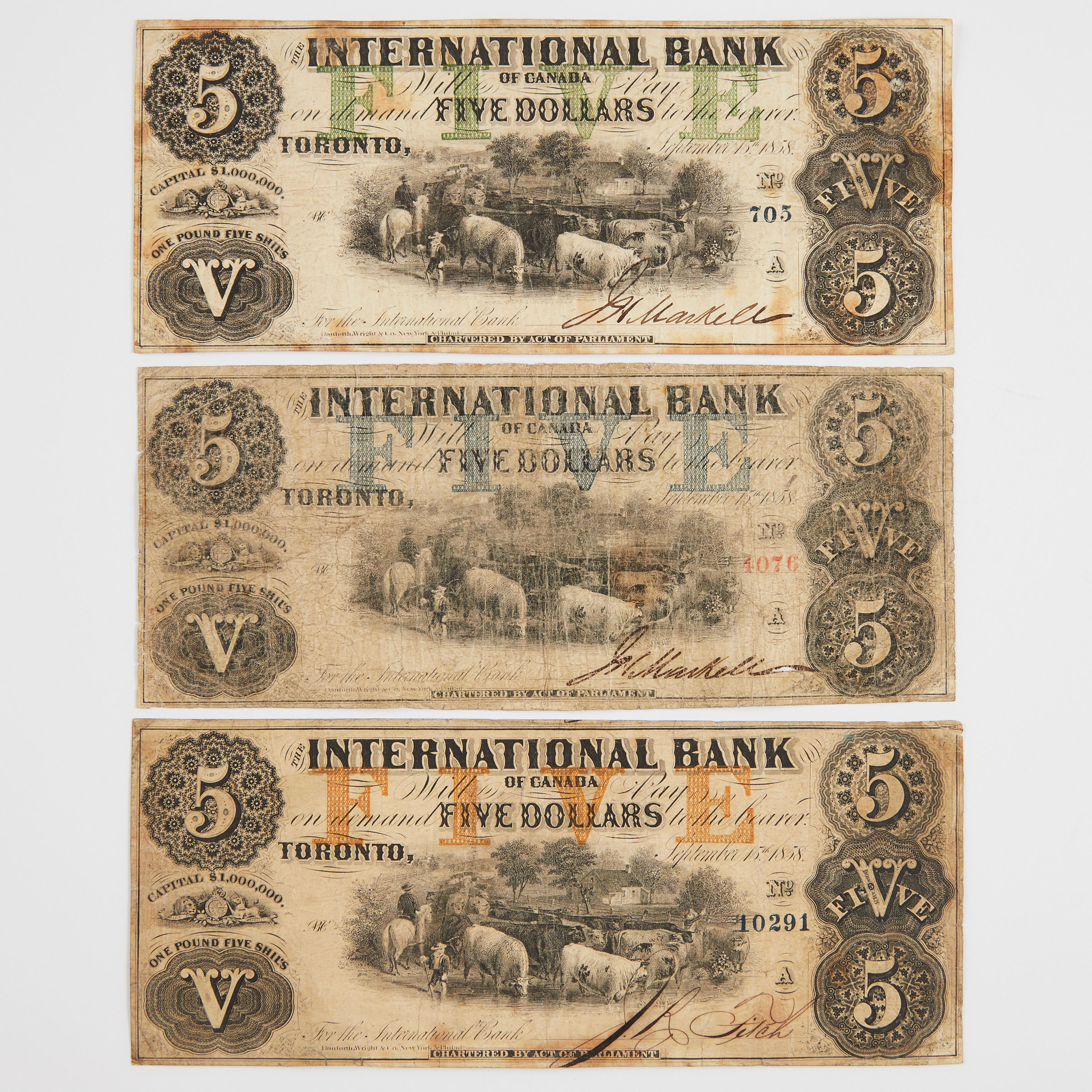 Three International Bank Of Canada 1858 $5 Bank Notes