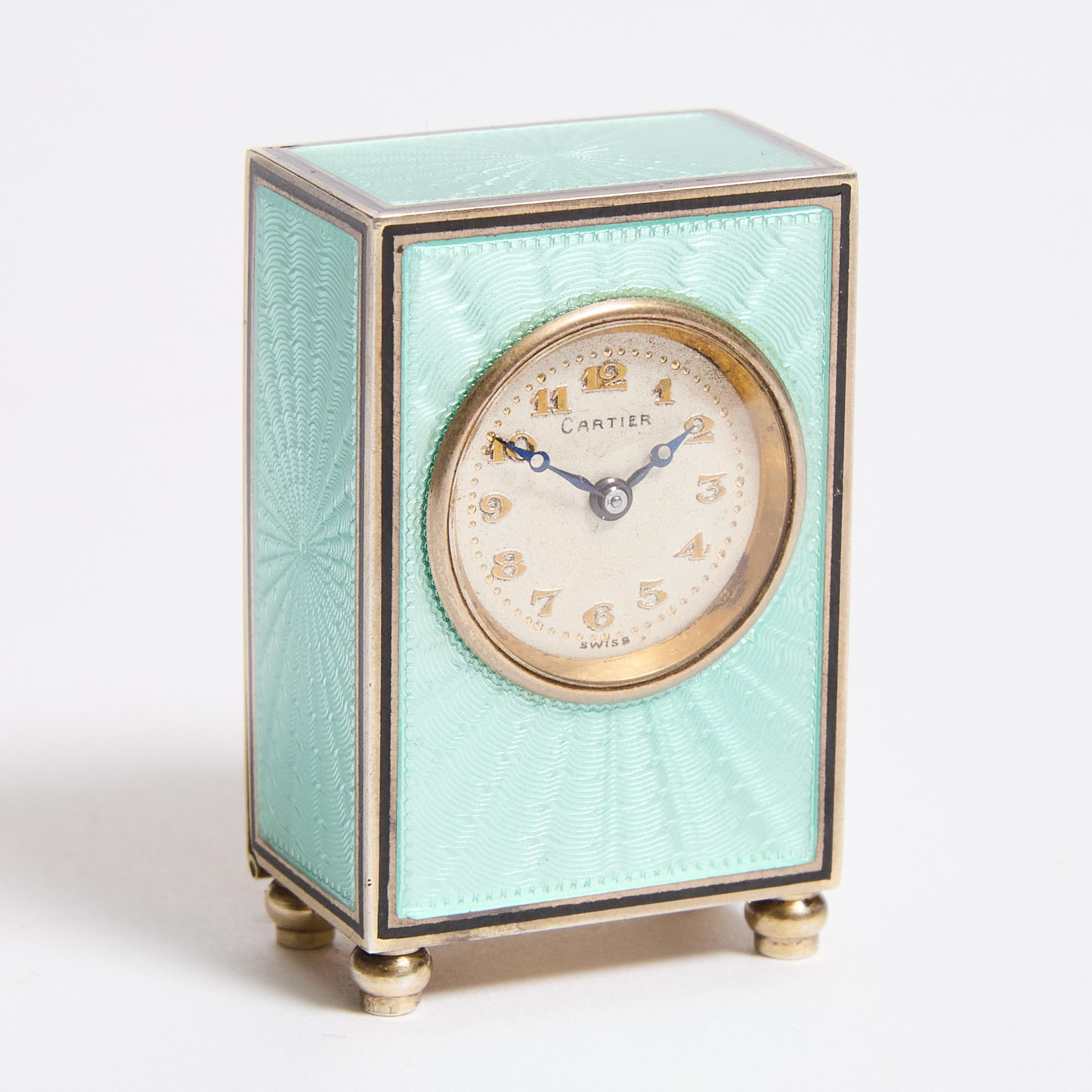 Cartier Guilloché Enamelled Silver Gilt Travel Clock, c.1920
