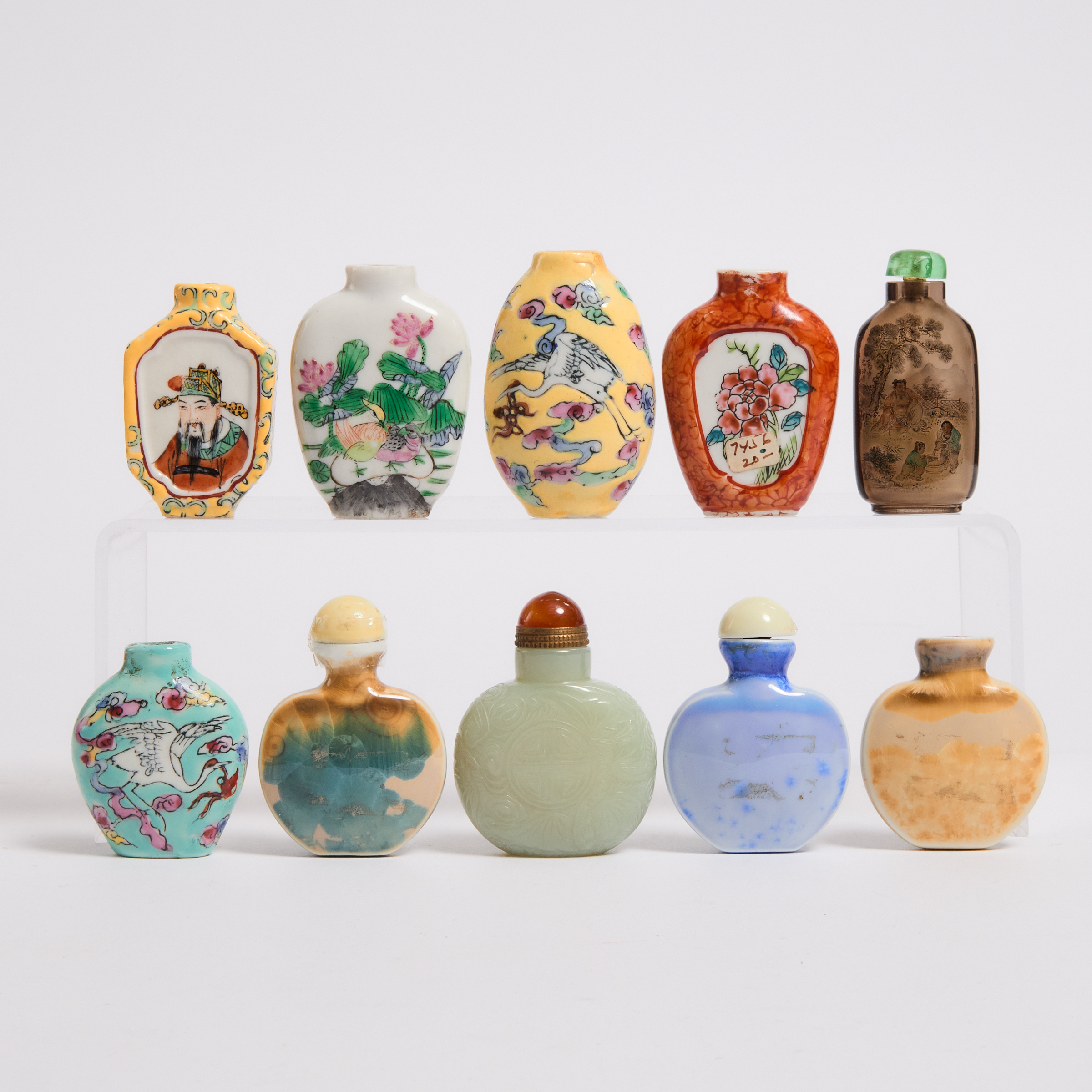 A Group of Ten Porcelain, Glass, and Hardstone Snuff Bottles, 19th-20th Century