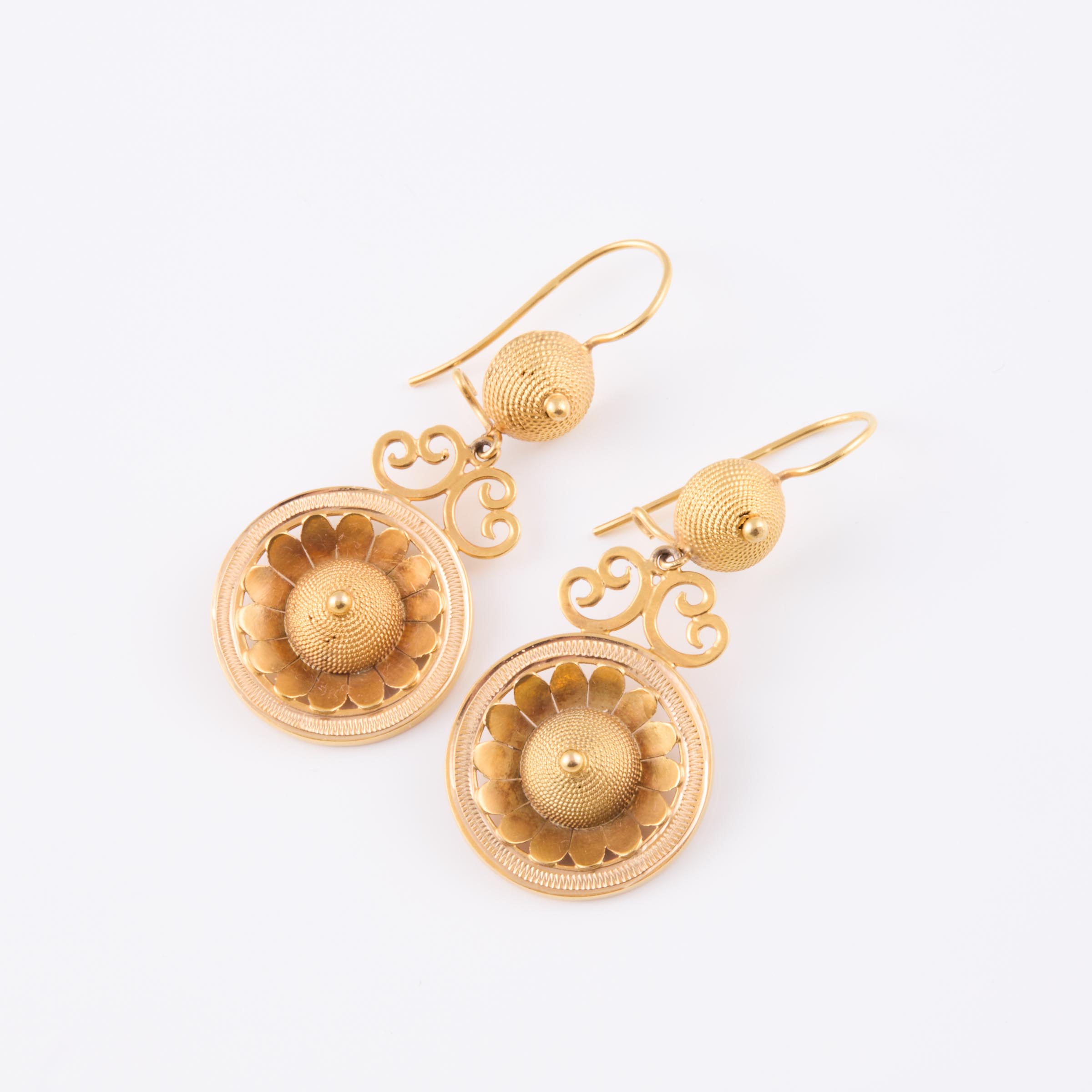 Pair Of 19th Century English 15k Yellow Gold Filigree Drop Earrings