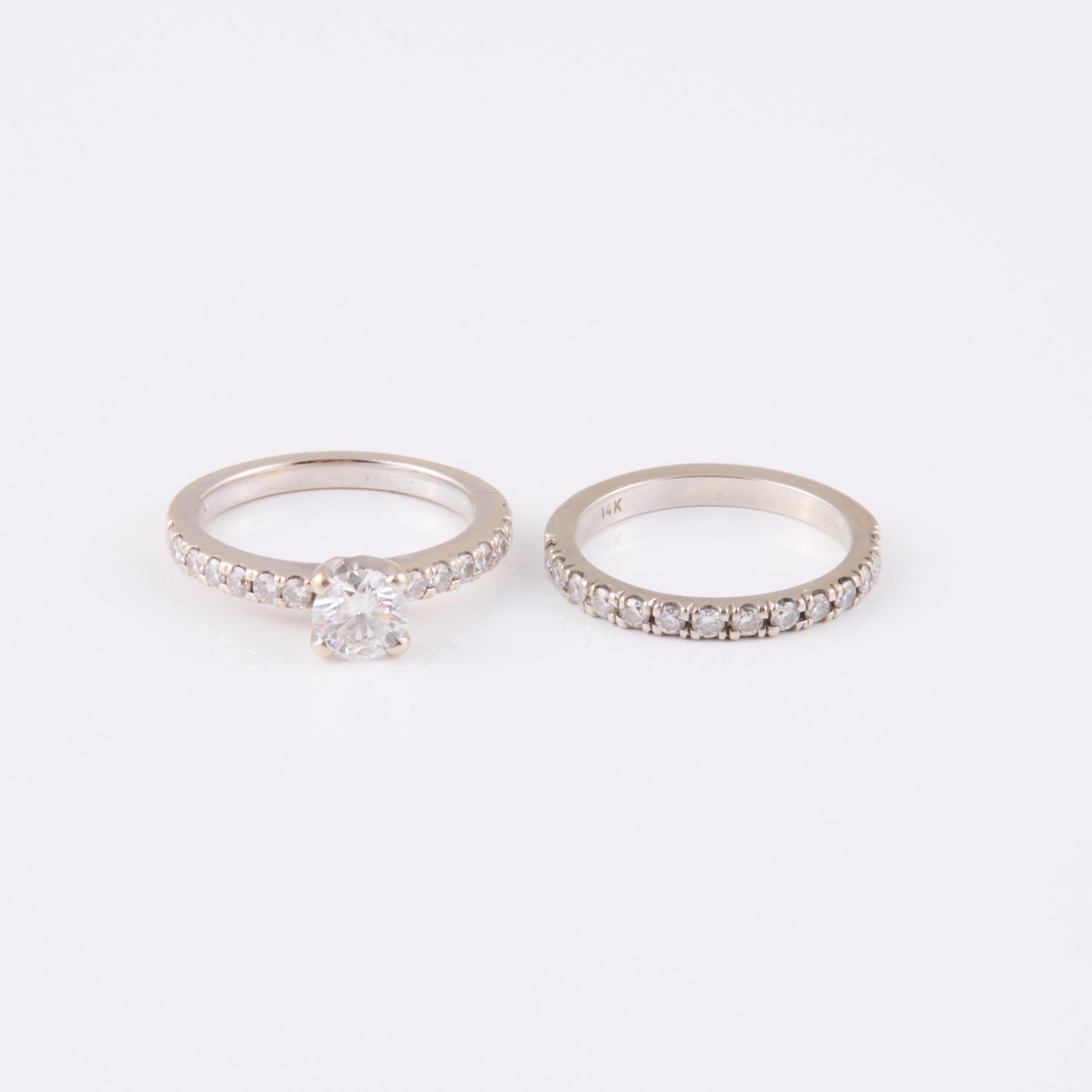 14k White Gold Engagement/Wedding Ring Suite