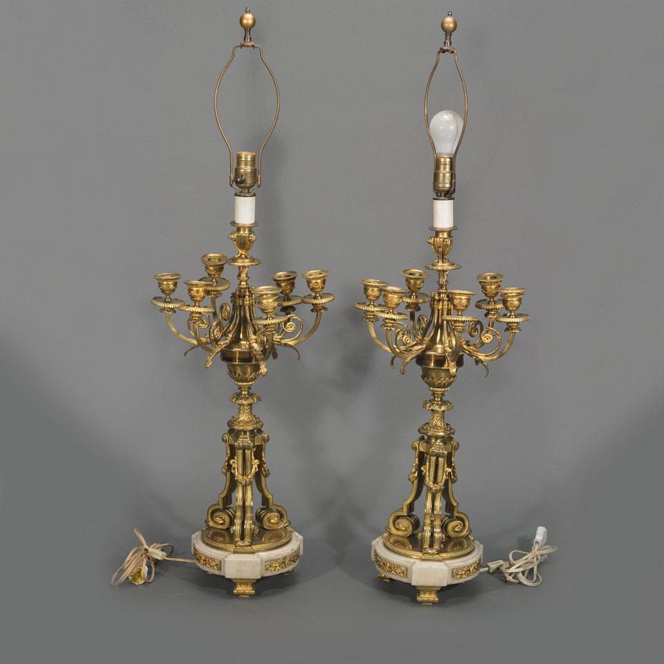 Pair of Louis XVI Style Gilt Bronze and Marble Seven Branch Candelabra, 19th century