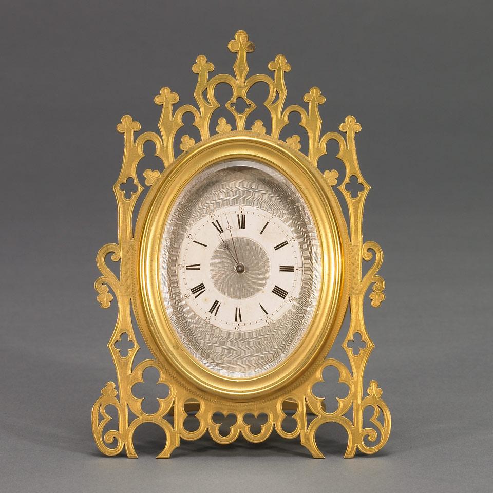 Swiss Gothic Style Pierced Gilt Metal Strut Clock, c.1900