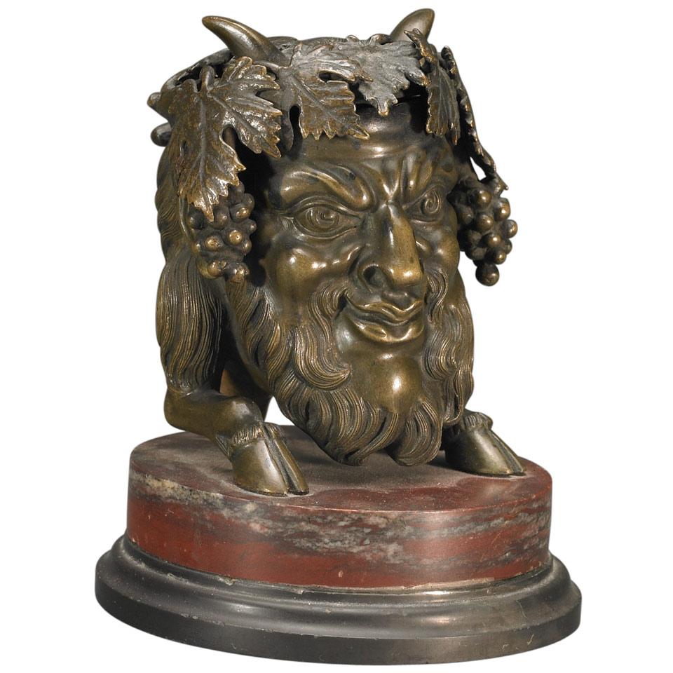 French Patinated Bronze Inkwell Modelled as Bacchanalian Head on Cloven Hoof supports, 19th century