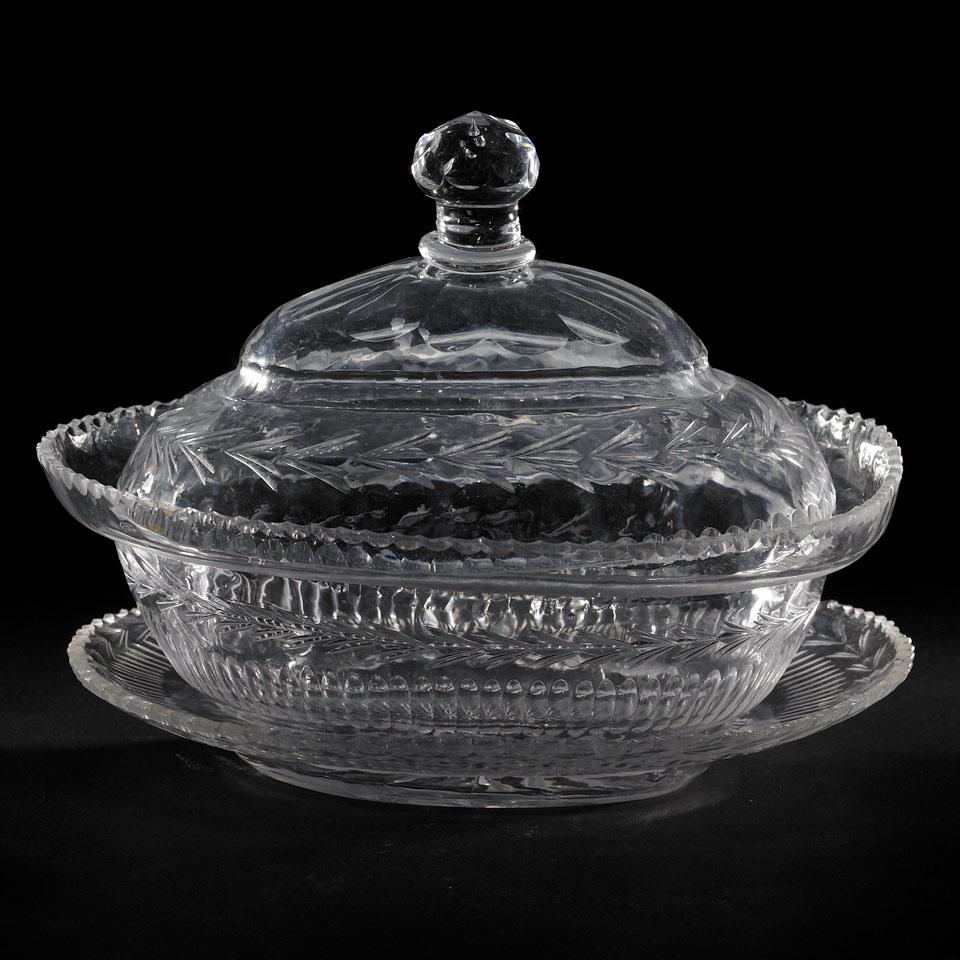 Continental Cut Glass Oval Covered Tureen and Stand, early 19th century