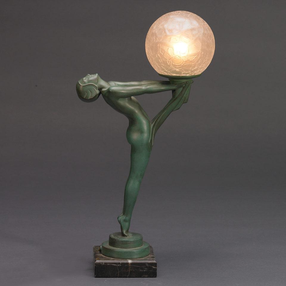 French Art Deco Patinated Bronze Figural Table Lamp After Max Le Verrier (French, 1891-1973), late 20th century