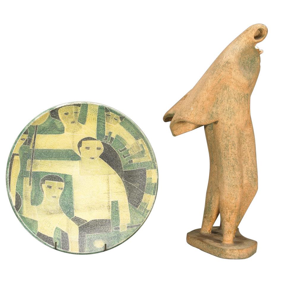 Brooklin Pottery Plaque, Theo and Susan Harlander, mid-20th century, and a Figure Group, Susan Harlander, dated 1964