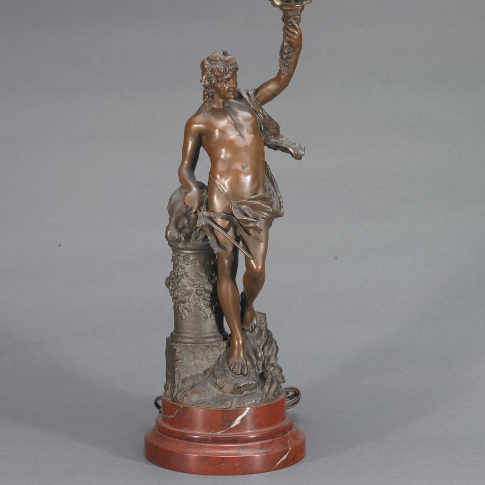 French Patinated Bronze Table Lamp Modelled as a Bacchanalian Figure