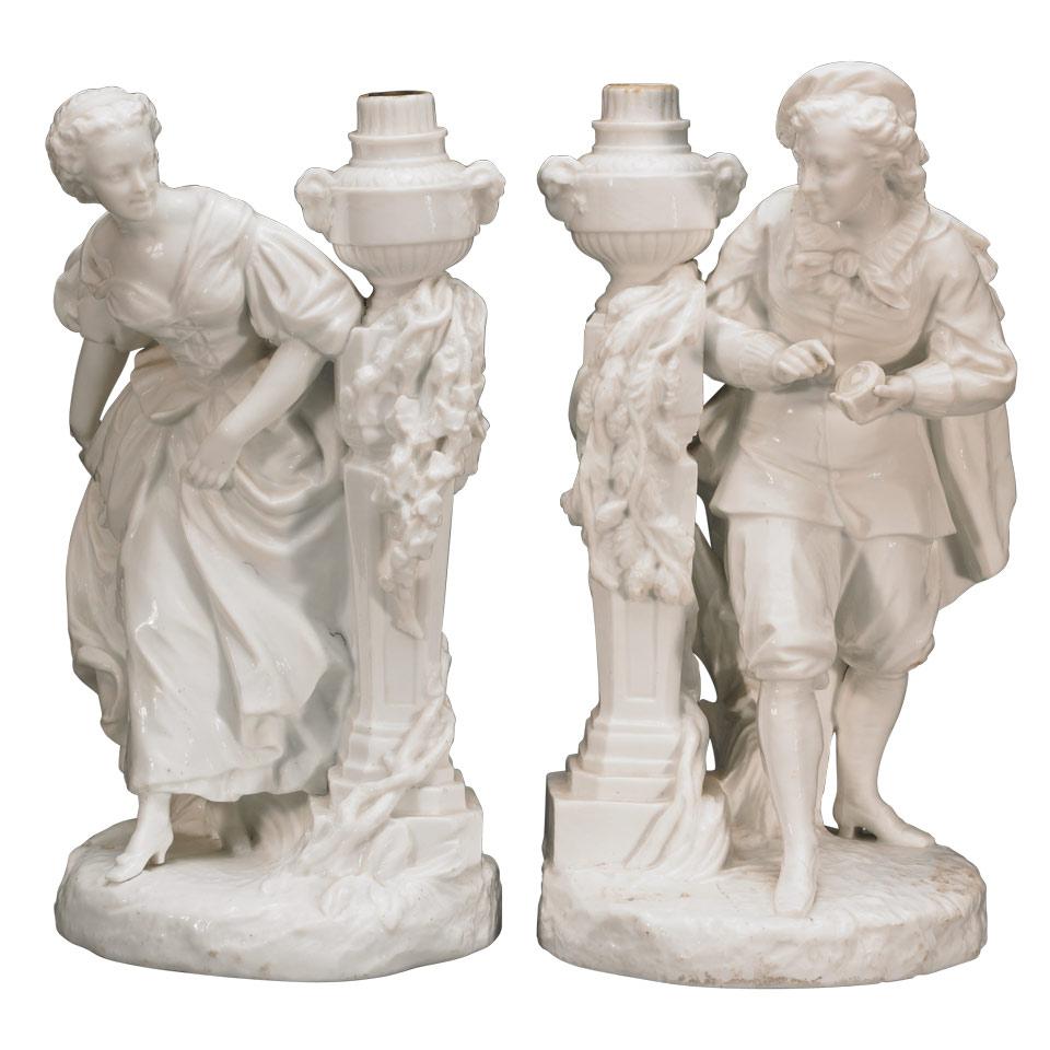 Pair of Meissen Blanc de Chine Glazed Figural Lamp Bases, late 19th century