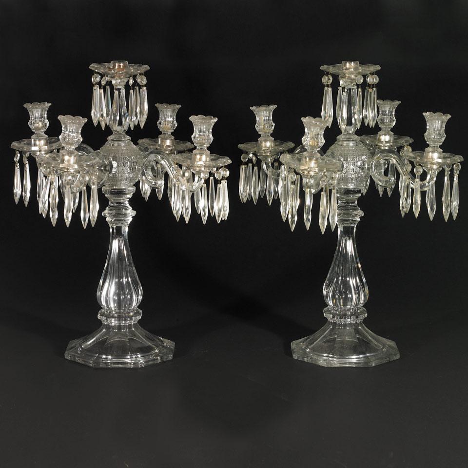Pair of American Moulded Glass Five-Light Candleabra, late 19th century