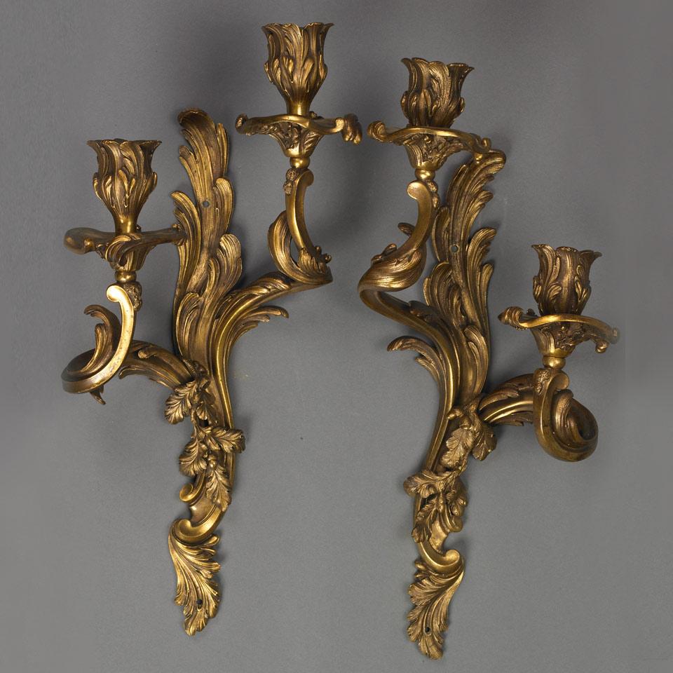 Pair of Louis XV Style Gilt Bronze Two Branch Wall Sconces, mid 20th century