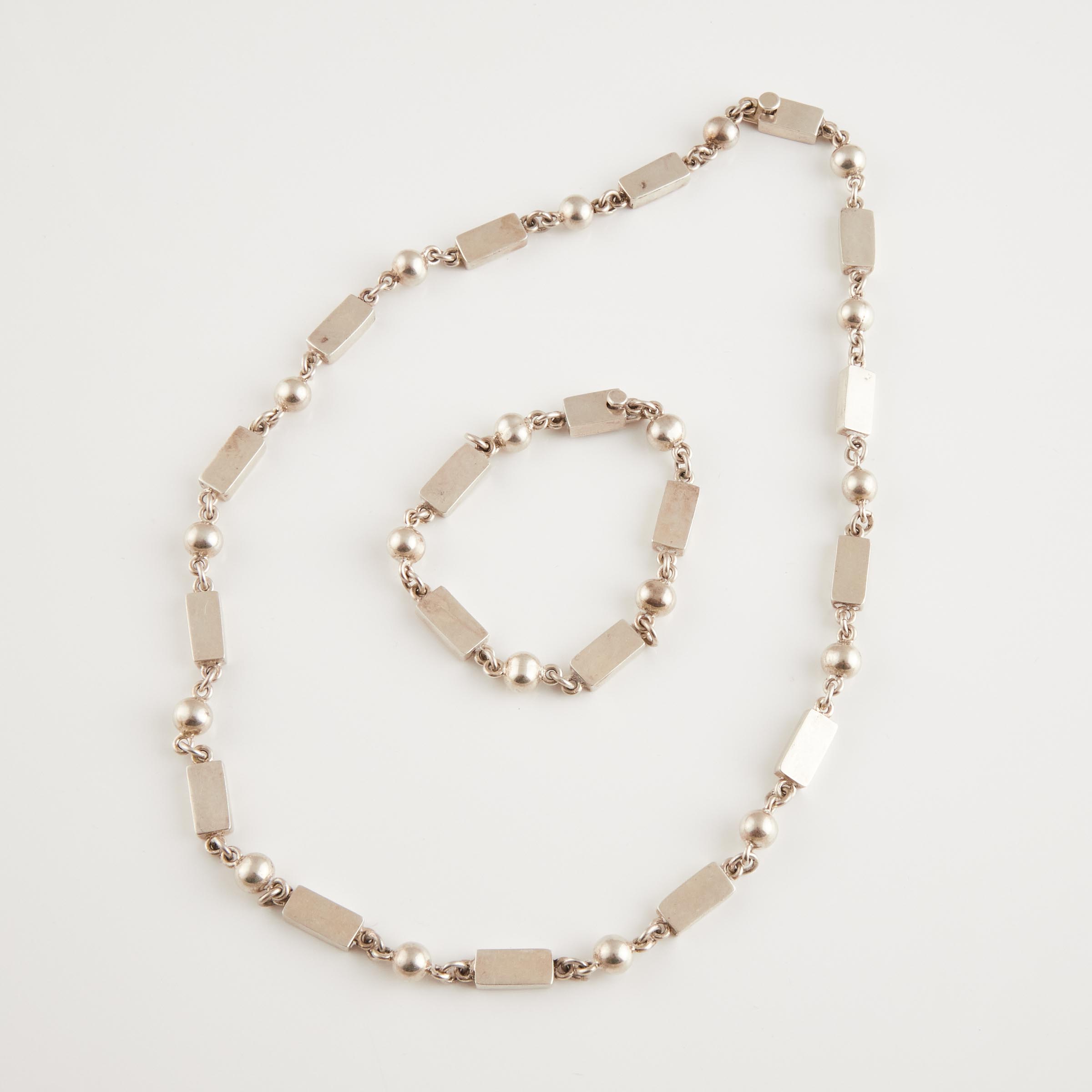 Mexican Sterling Silver Bar & Sphere Link Chain And Bracelet