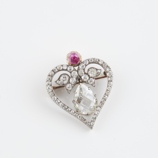 19th Century 14k Yellow Gold And Silver-Topped Heart-Shaped Brooch/Pendant