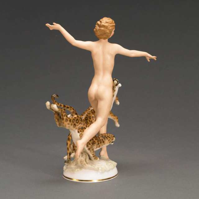 Hutschenreuther Figure of a Nude Girl Running with Leopards, C. Werder, 20th century