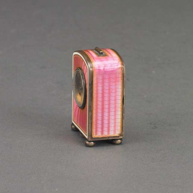 Swiss Pink Guilloche Enameled Silver Cased Miniature Clock, #45125, Ateliers Juvenia, 1920’s