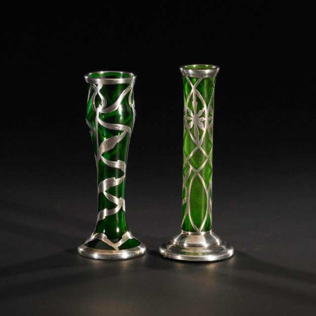 Two American Silver Overlaid Green Glass Bud Vases, early 20th century