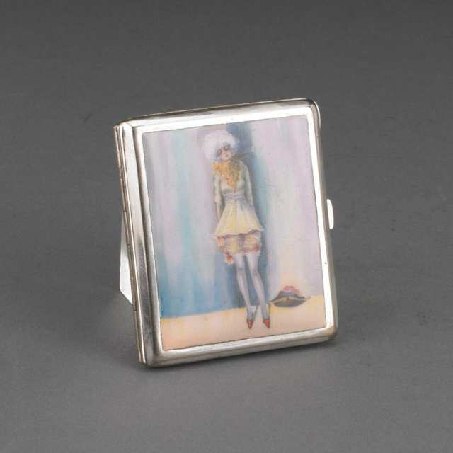 Enameled ‘Showgirl’ Silvered Metal Cigarette Case, early 20th century