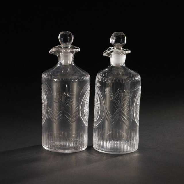 Pair of Continental Cut and Engraved Glass Decanters, ‘BRANDY’ and ‘GIN’, 19th century