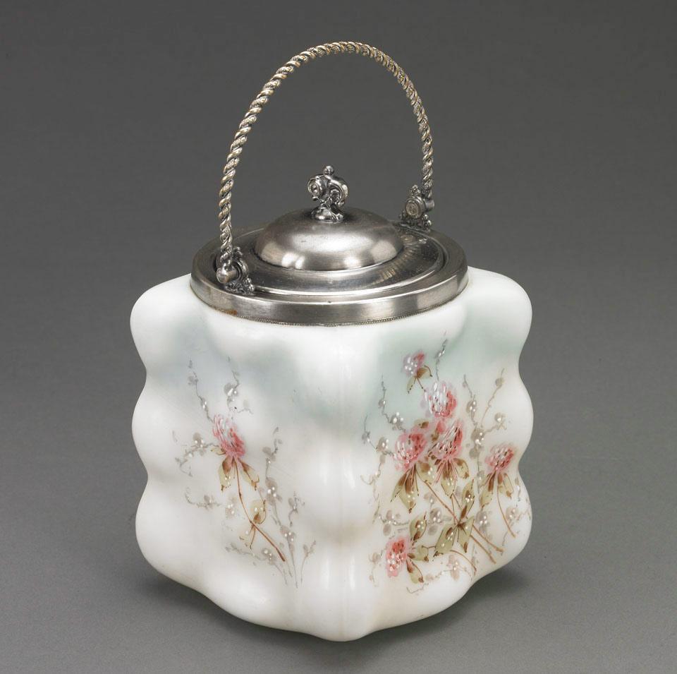 Silver Plate Mounted Wavecrest-Type Enameled Glass Biscuit Barrel, late 19th century