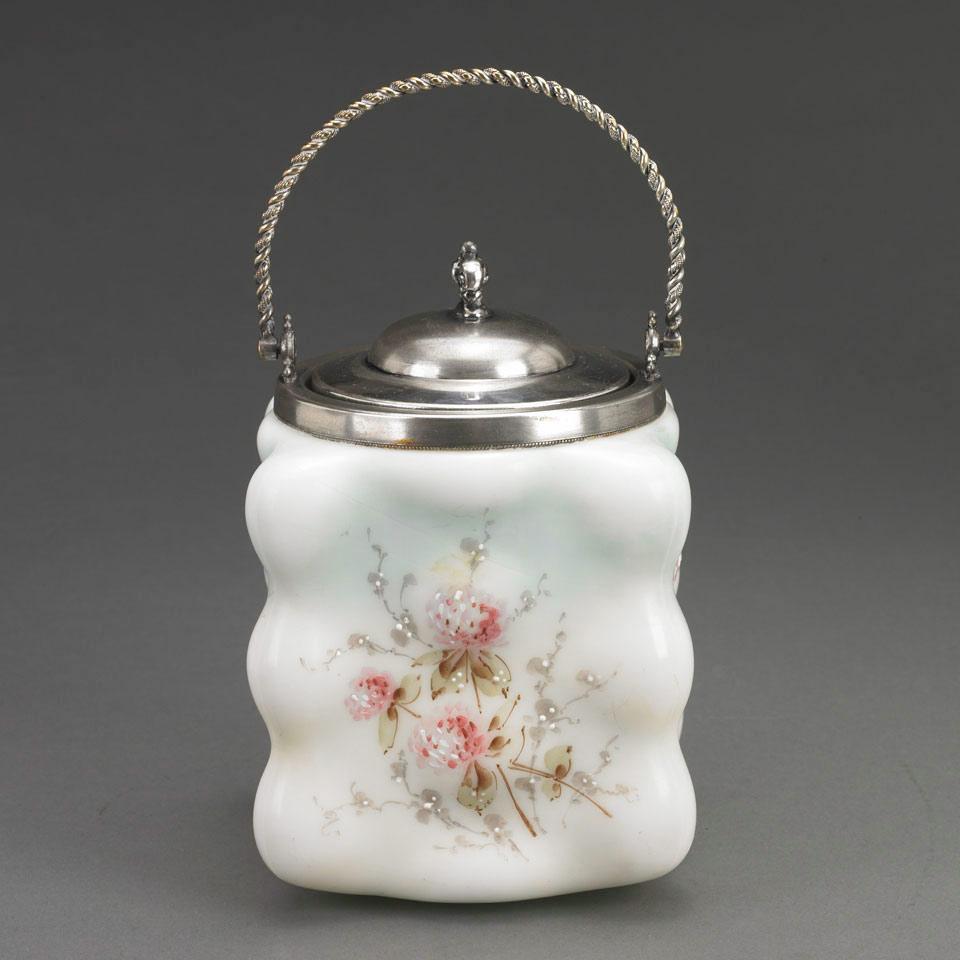 Silver Plate Mounted Wavecrest-Type Enameled Glass Biscuit Barrel, late 19th century