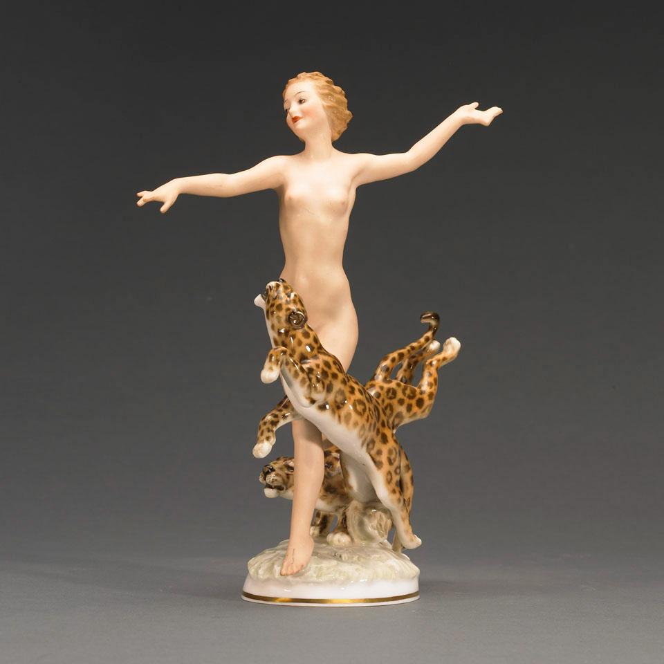 Hutschenreuther Figure of a Nude Girl Running with Leopards, C. Werder, 20th century