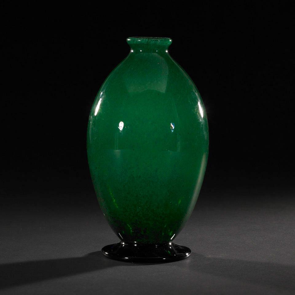 French Mottled Emerald Green Glass Vase, probably Schneider, c.1925