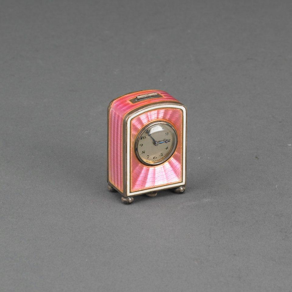 Swiss Pink Guilloche Enameled Silver Cased Miniature Clock, #45125, Ateliers Juvenia, 1920’s