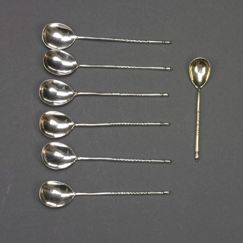 Six Russian Silver Spoons, Moscow, 1893 and a Nielloed Spoon, 1896-1908