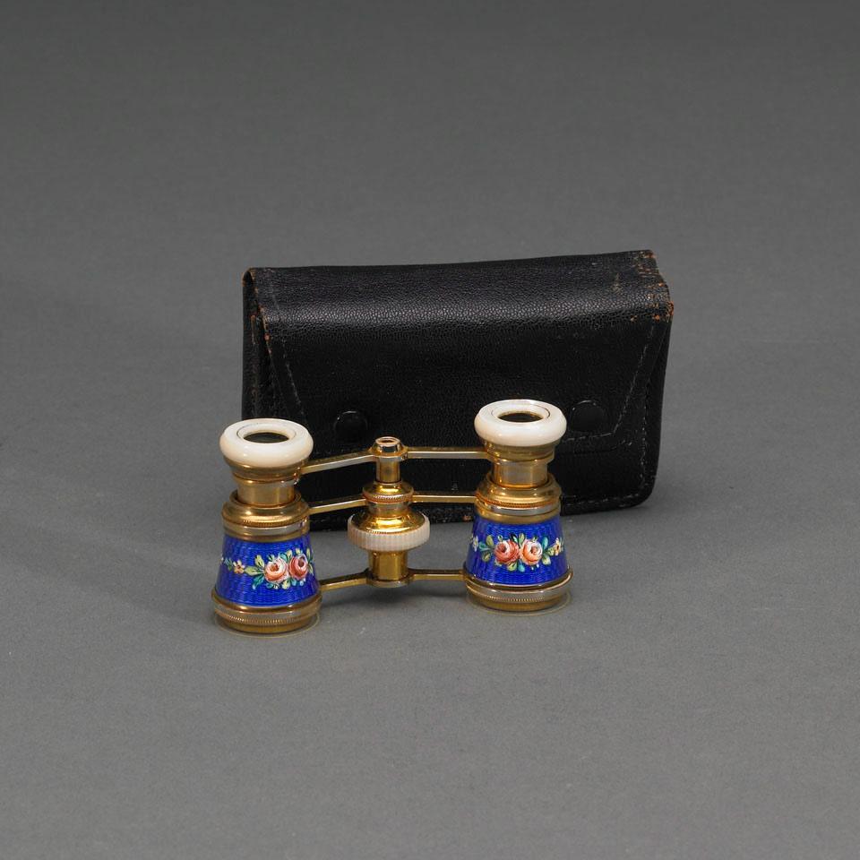 Pair of French Enameled Gilt Brass and Mother-of-Pearl Opera Glasses, Jules Carpentier of Paris, early 20th century