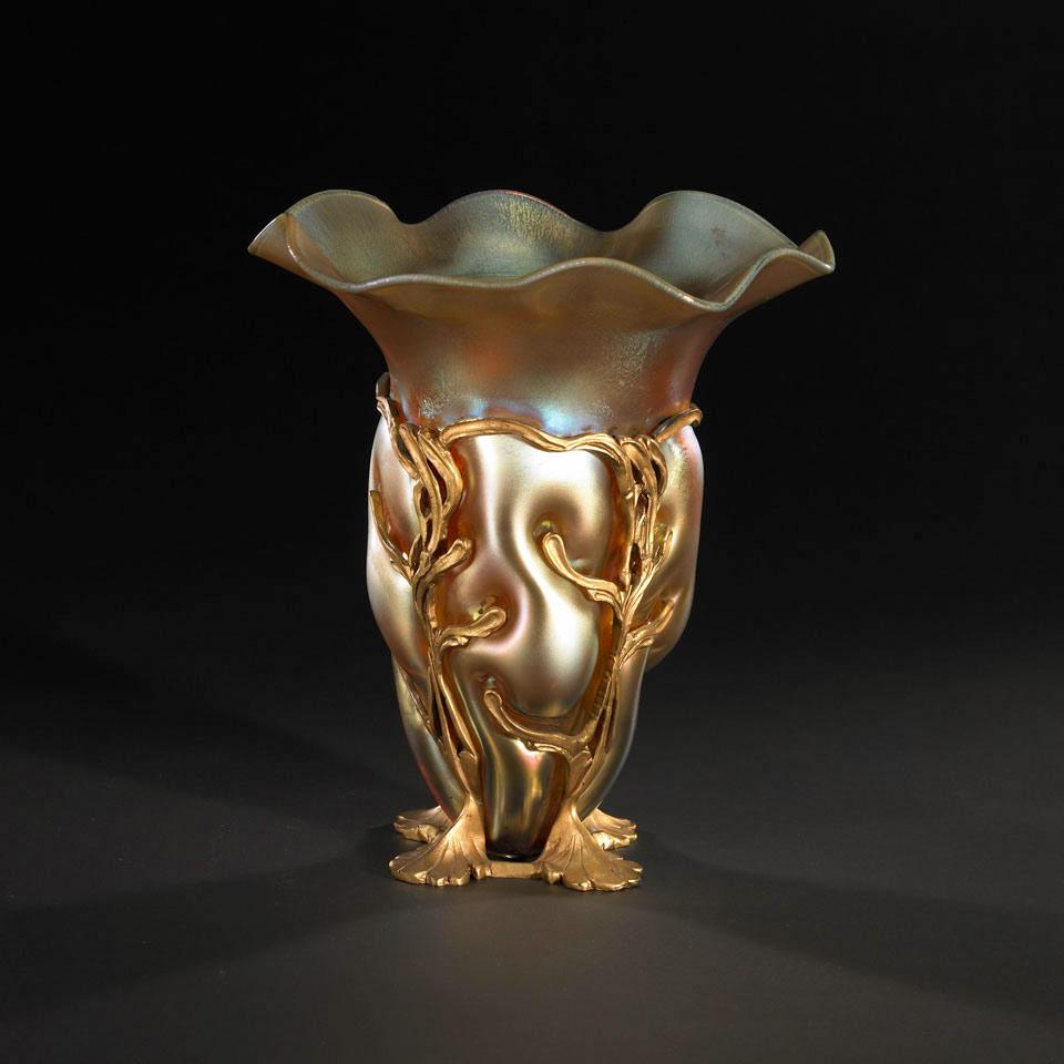 Gilt Metal Mounted Iridescent Glass Vase, 20th century