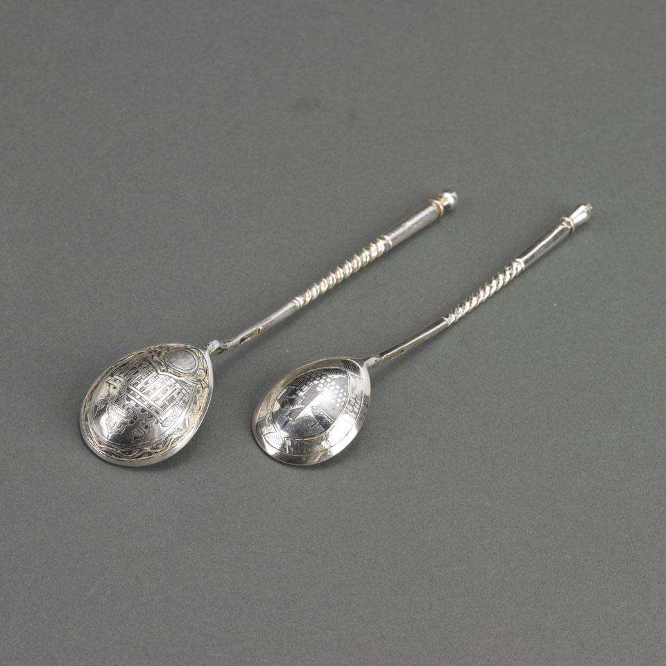 Two Russian Nielloed Silver Spoons, Moscow, 1878/81 