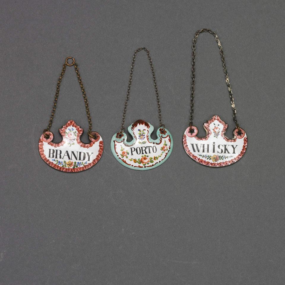 Three Enameled Decanter Labels, 19th century