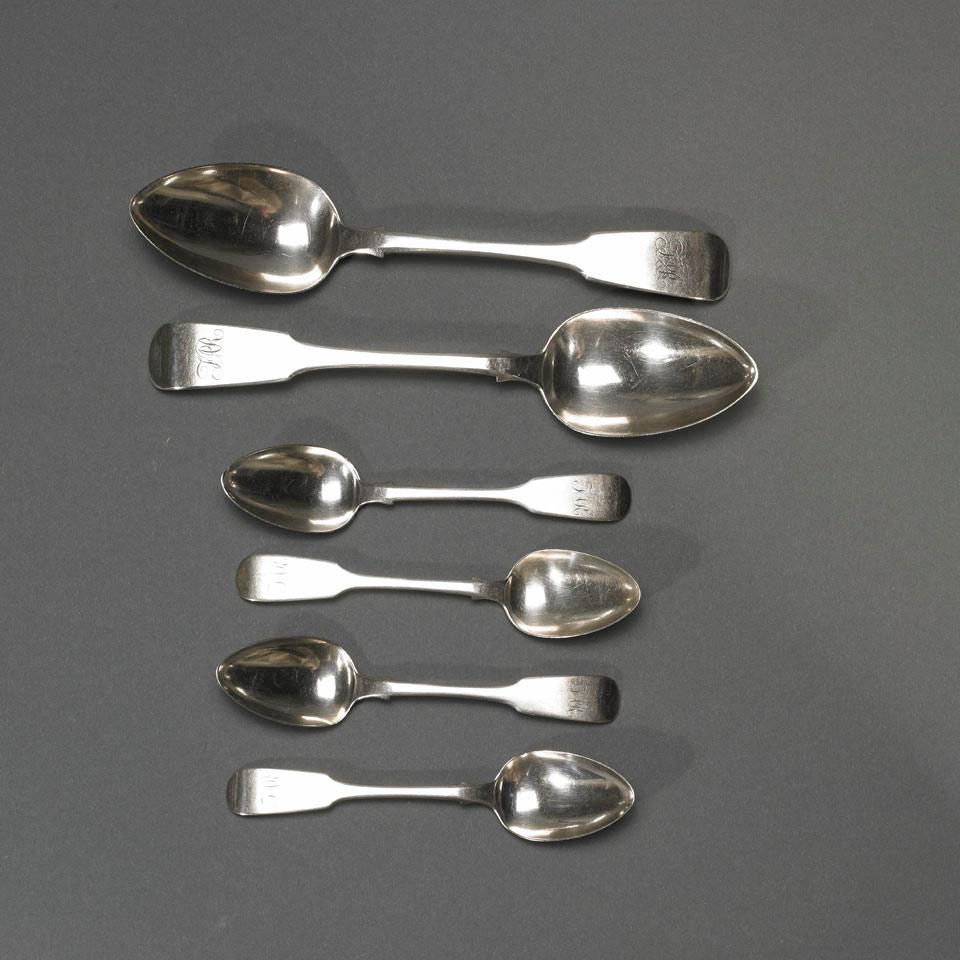 Pair of Canadian Silver Fiddle Pattern Table Spoons and Four Tea Spoons, J.G. Joseph, Toronto, Ont., c.1846-64