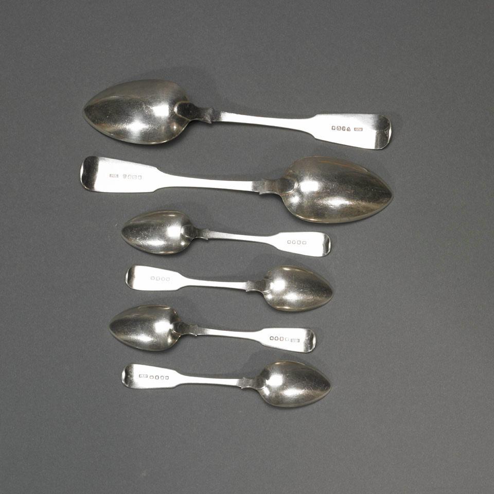 Pair of Canadian Silver Fiddle Pattern Table Spoons and Four Tea Spoons, J.G. Joseph, Toronto, Ont., c.1846-64
