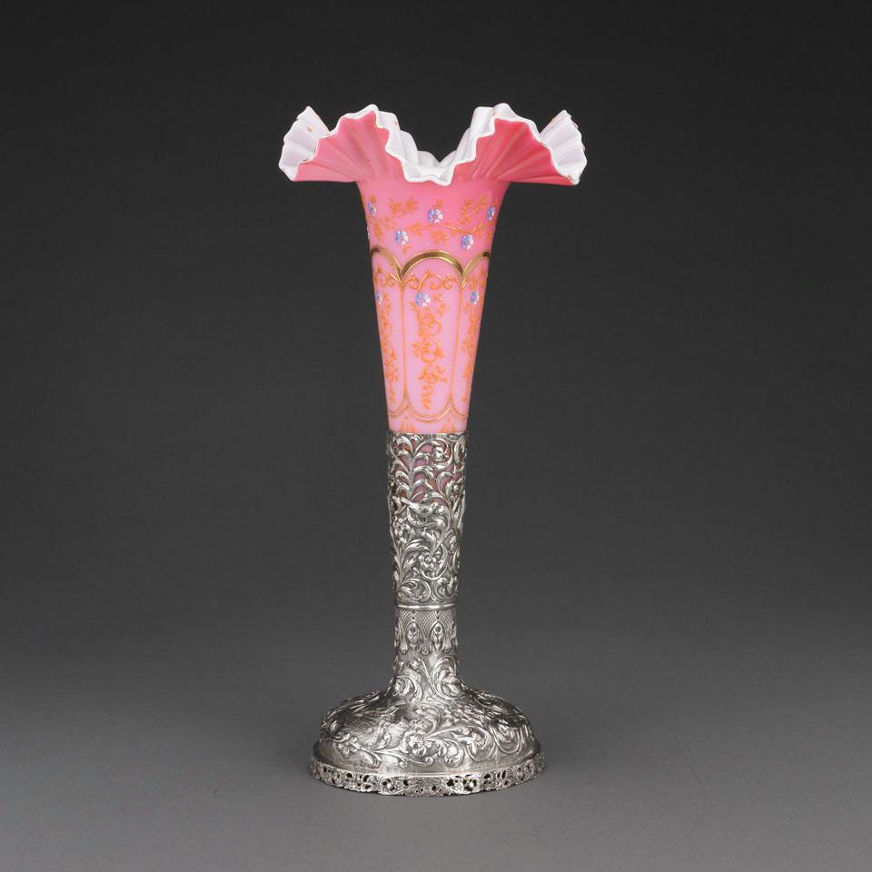 Dutch Silver Mounted Enameled Cased Glass Trumpet Vase, c.1900