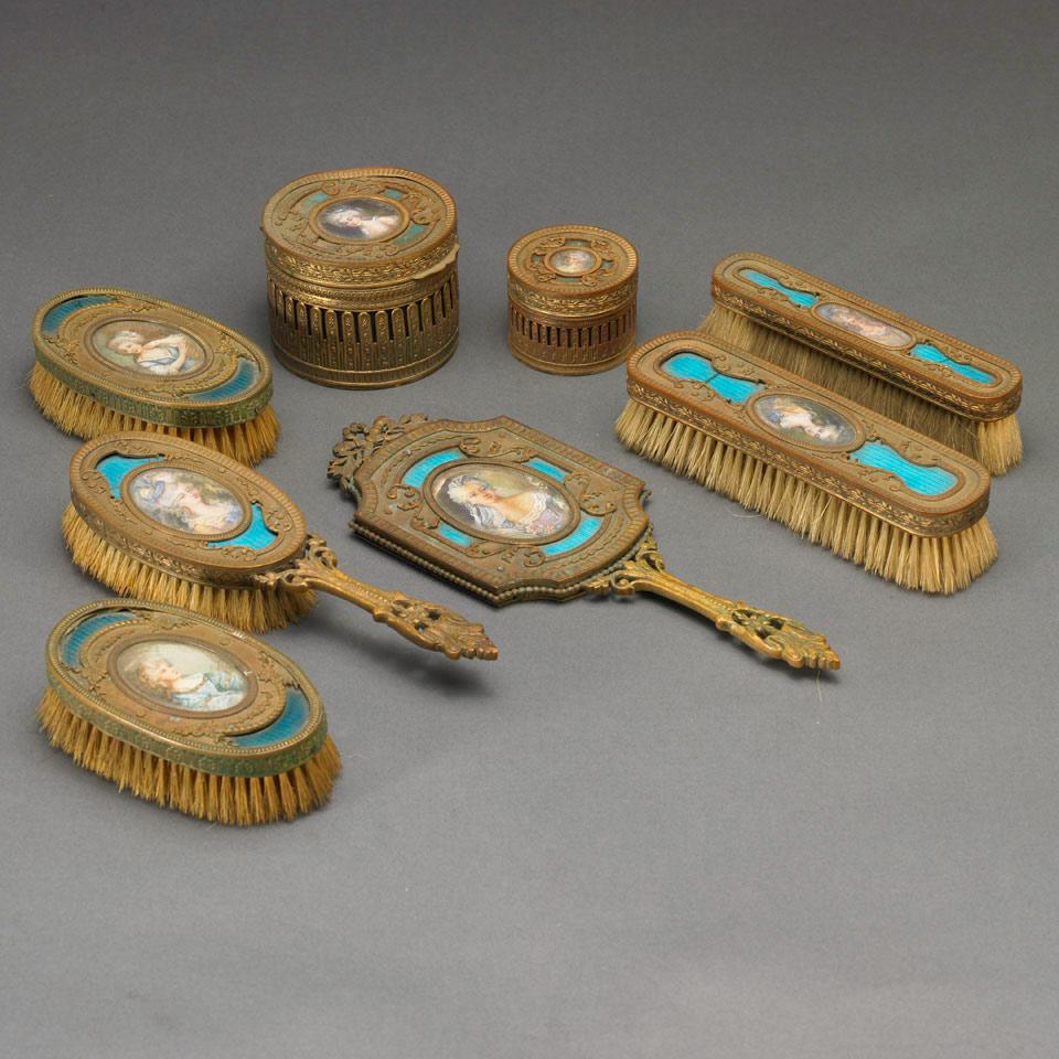 French Gilt Bronze and Enamel Dressing Table Set Mounted with Miniature Portraits, c.1900