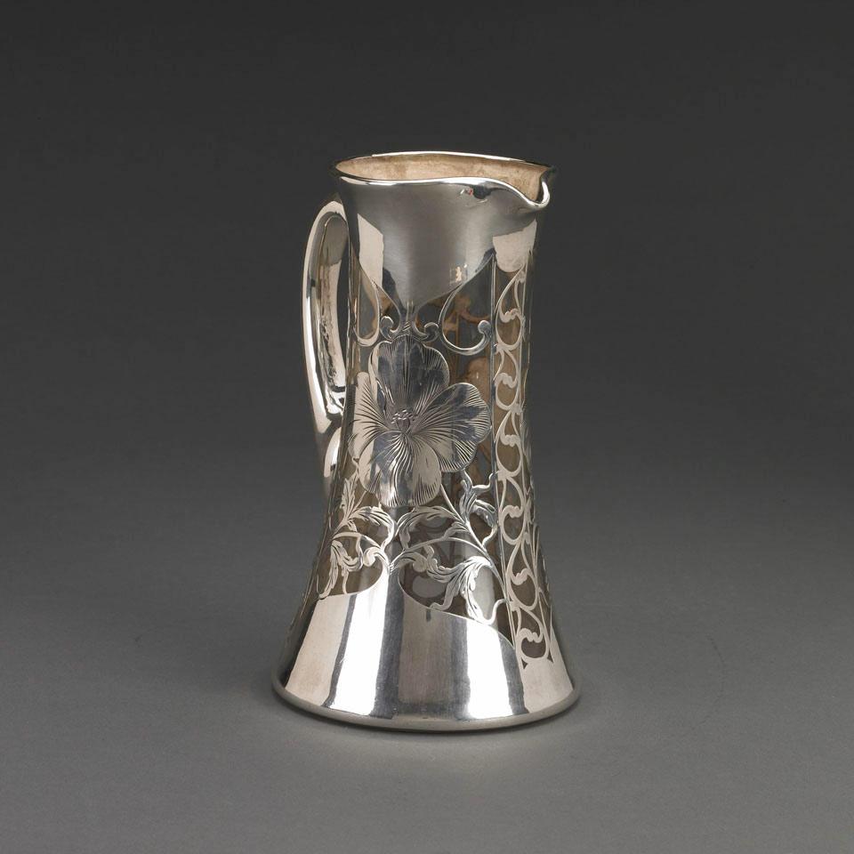 American Engraved Silver Overlaid Glass Water Jug, Matthews Co., Newark, N.J., early 20th century