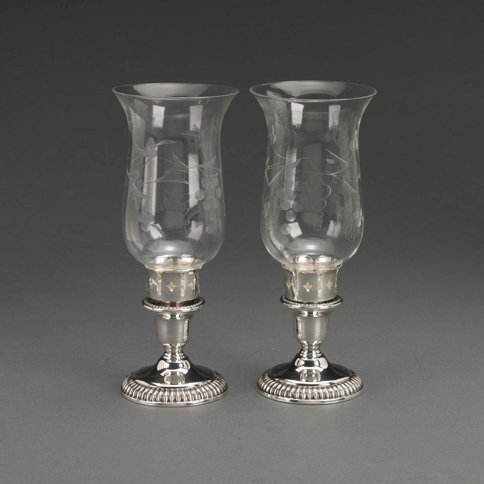Pair of Canadian Silver and Etched Glass Hurricane Candlesticks, Henry Birks & Sons, Montreal, Que., 20th century