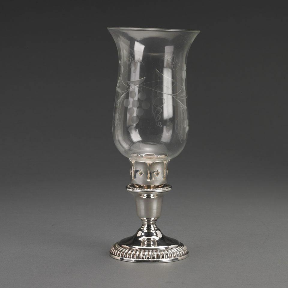 Pair of Canadian Silver and Etched Glass Hurricane Candlesticks, Henry Birks & Sons, Montreal, Que., 20th century